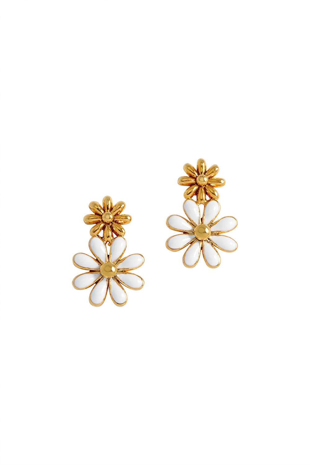 Product shot of the White Enamel Double Flower Studs in colour Whitegold (White), from the front
