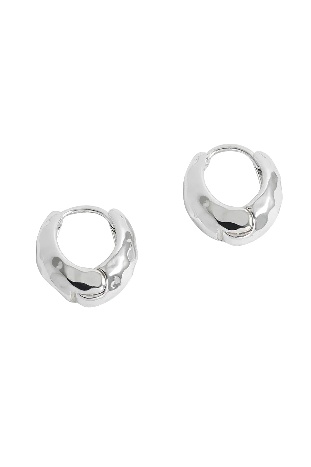 Product shot of the Hammered Huggie Hoops – Silver in colour Silver, from the front