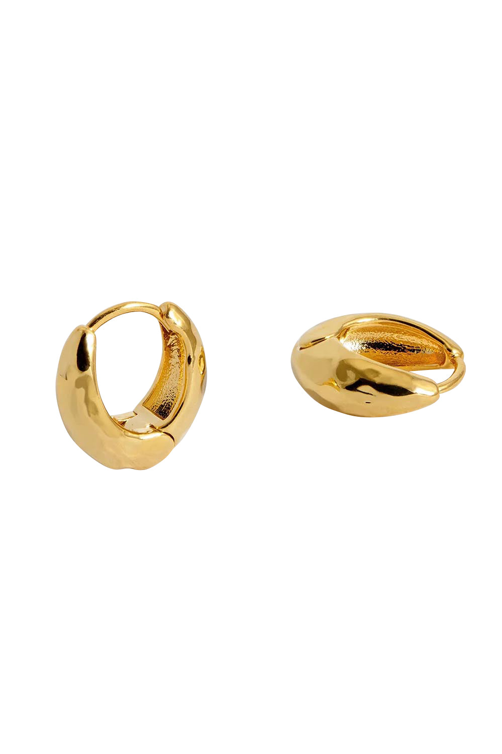 Product shot of the Hammered Huggie Hoops – Gold in colour Gold, from the back