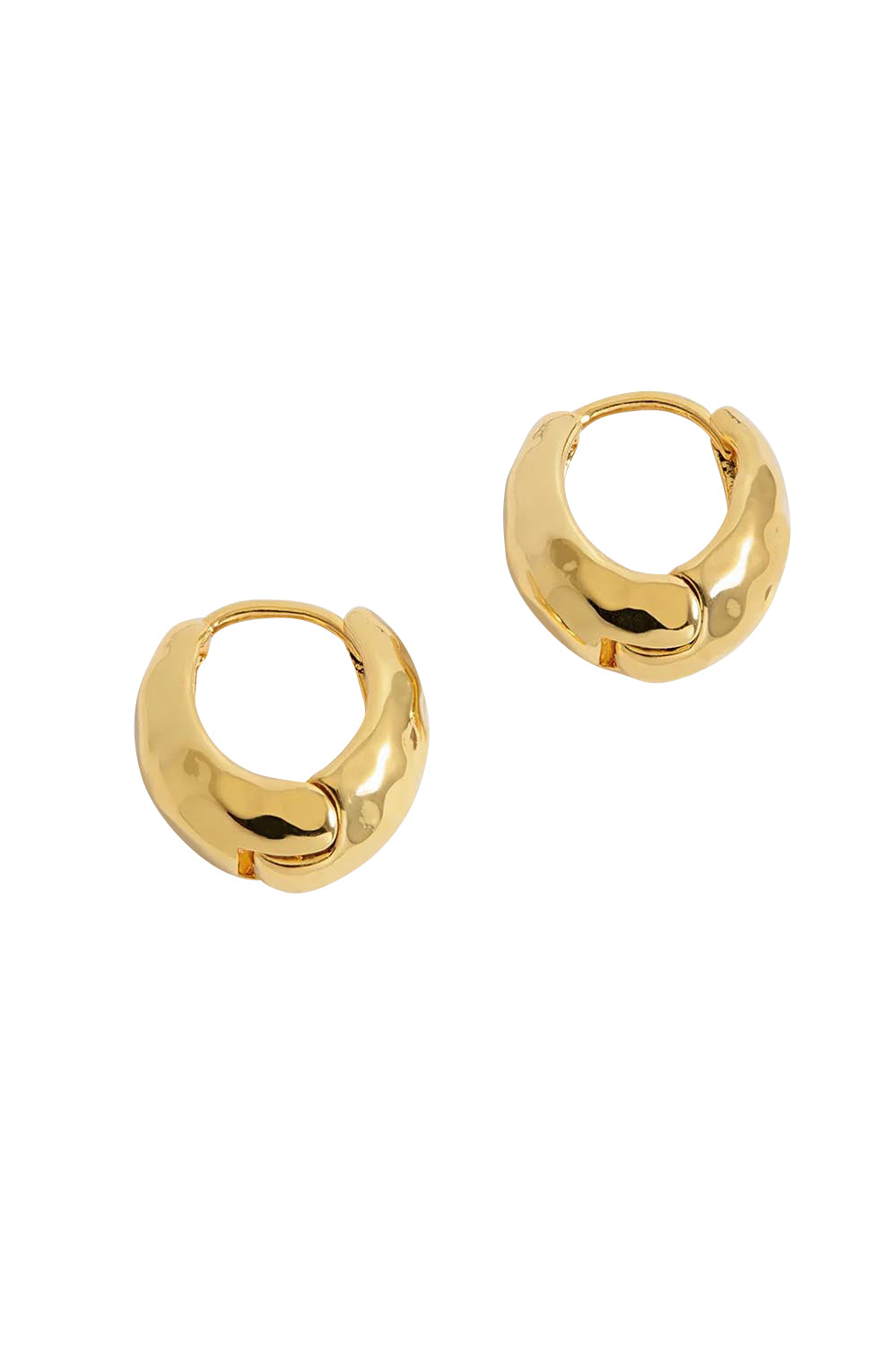 Product shot of the Hammered Huggie Hoops – Gold in colour Gold, from the front
