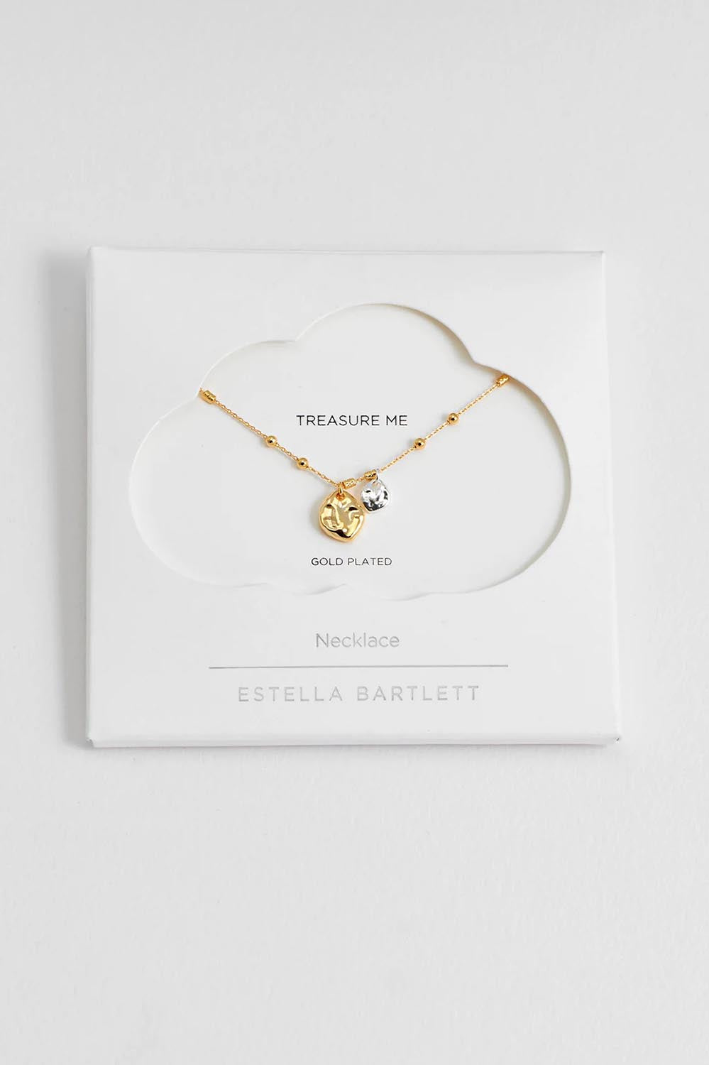 A model wearing the Beaded Chain & Molton Pebbles Necklace in colour Goldsilver (Metallics), from the front, showing the whole outfit