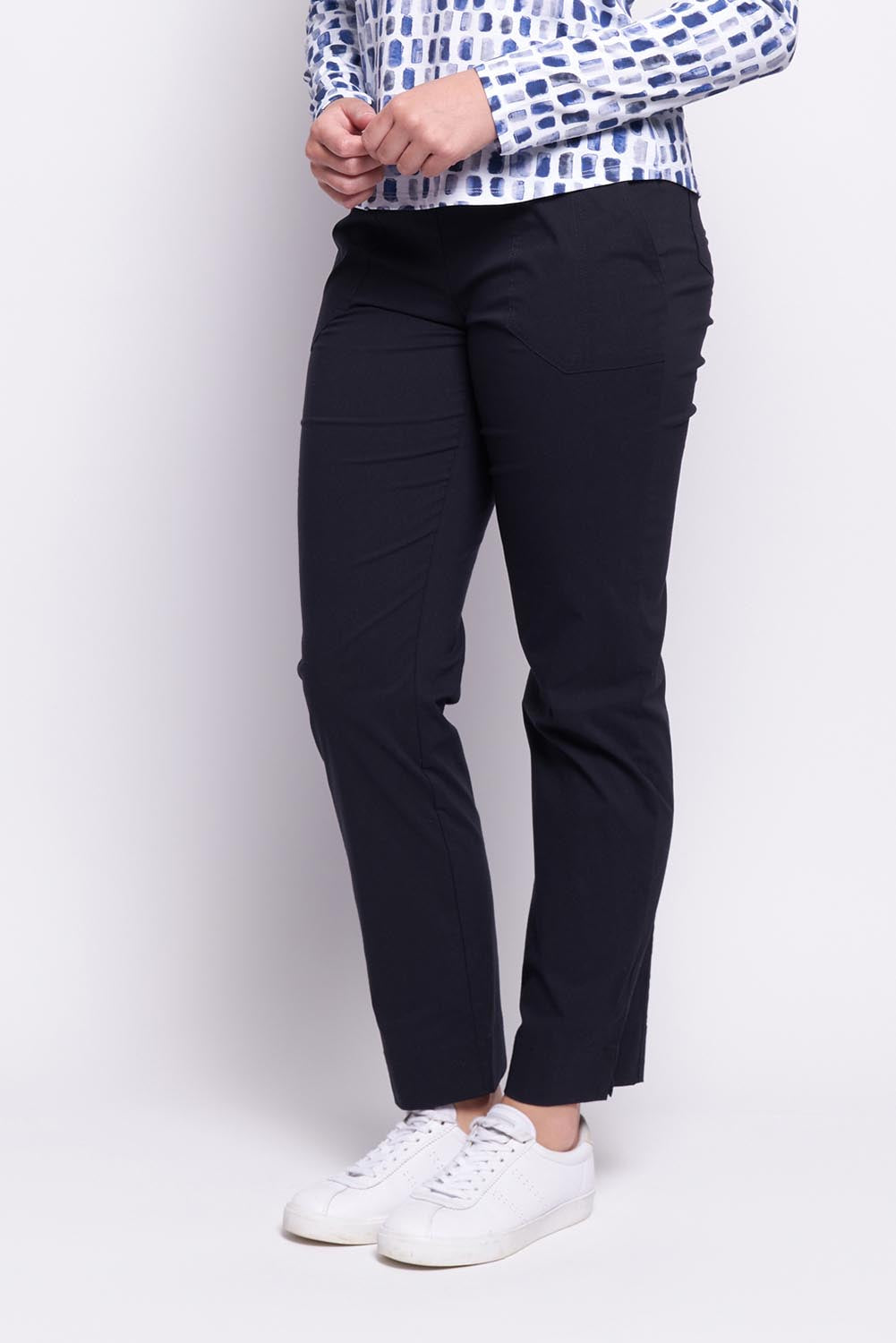 A model wearing the Full Monty Trapeze Trouser in colour Truenavy (Blue), from the front, cropped image