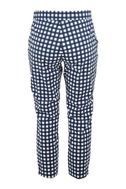 Product shot of the Fuss Free Cotton Blend Taper Capri Trapeze Pant in colour Chubbychec (Blue), from the back