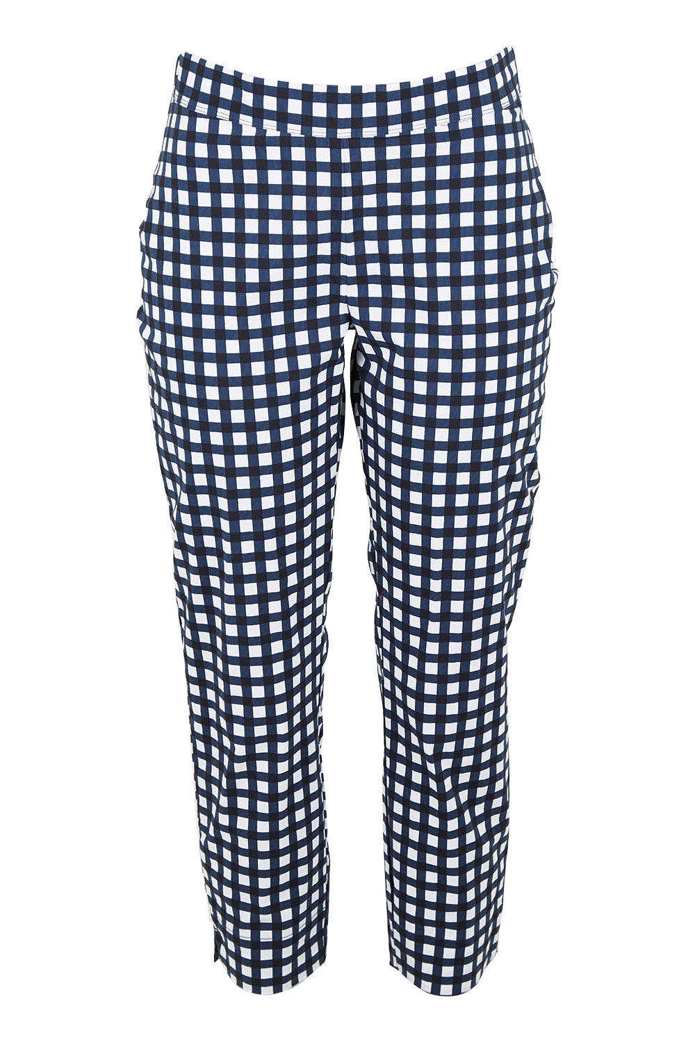 Product shot of the Fuss Free Cotton Blend Taper Capri Trapeze Pant in colour Chubbychec (Blue), from the front