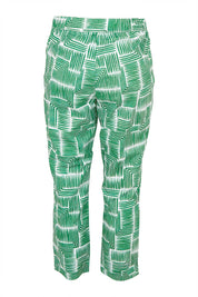 Product shot of the Fuss Free Cotton Blend Taper Capri Trapeze Pant in colour Lushleaves (Green), from the back