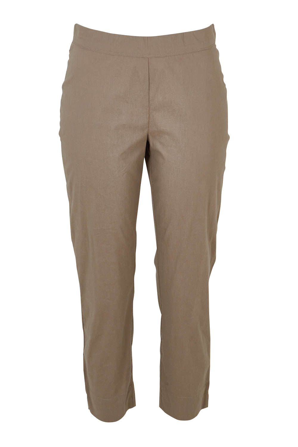 Product shot of the Fuss Free Cotton Blend 7/8 Taper Capri in colour Latte, from the front
