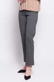A model wearing the Pic Of The Bunch Straight Trouser in colour Steelcheck (Black), from the front, cropped image