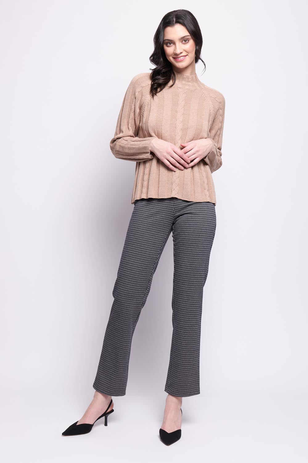 A model wearing the Pic Of The Bunch Straight Trouser in colour Steelcheck (Black), from the front, showing the whole outfit