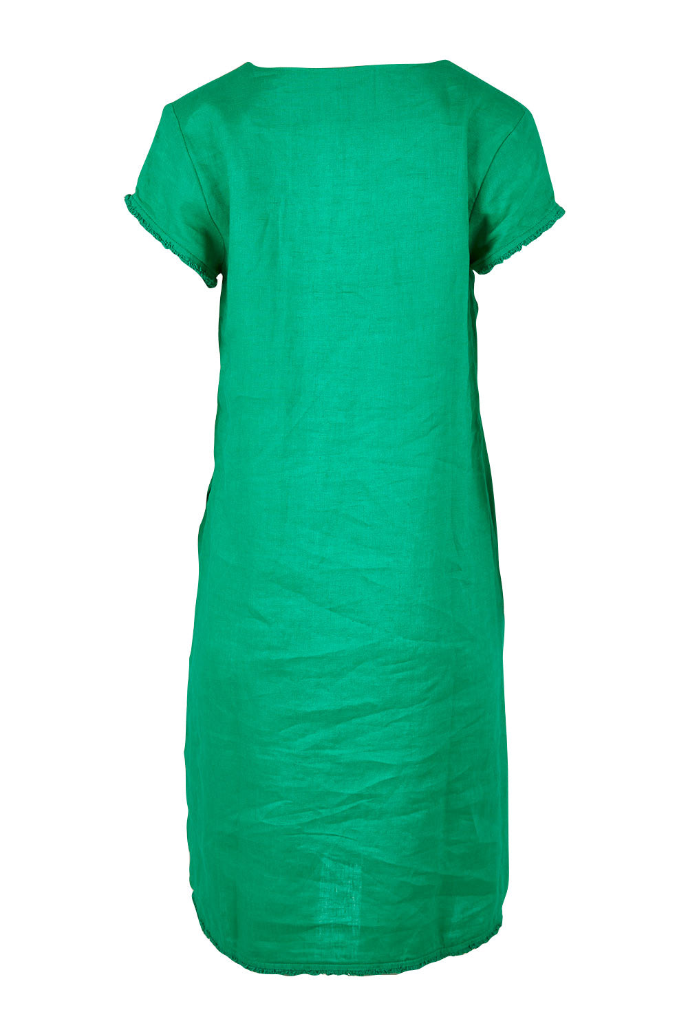 Product shot of the Fringe Benefits Linen Dress in colour Jade (Green), from the back