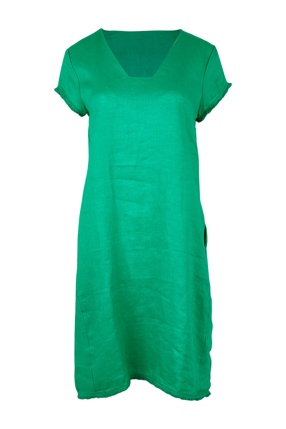 Product shot of the Fringe Benefits Linen Dress in colour Jade (Green), from the front