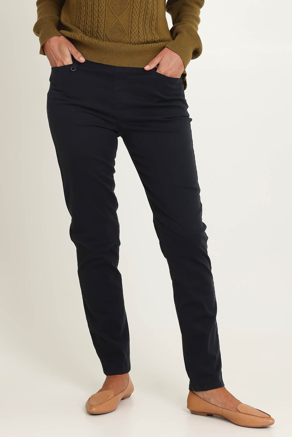 Model Riina wearing size 10 of the Holey Moleskin Trouser in colour Indigo (Blue), from the front, cropped image