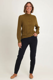 Model Riina wearing size 10 of the Holey Moleskin Trouser in colour Indigo (Blue), from the front, showing the whole outfit
