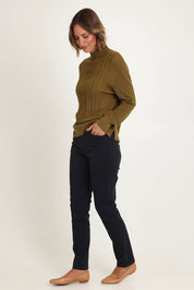 Model Riina wearing size 10 of the Holey Moleskin Trouser in colour Indigo (Blue), from the front, showing the whole outfit