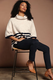 Model Ziara wearing size 10 of the Holey Moleskin Trouser in colour Ink (Blue), from the front, showing the whole outfit