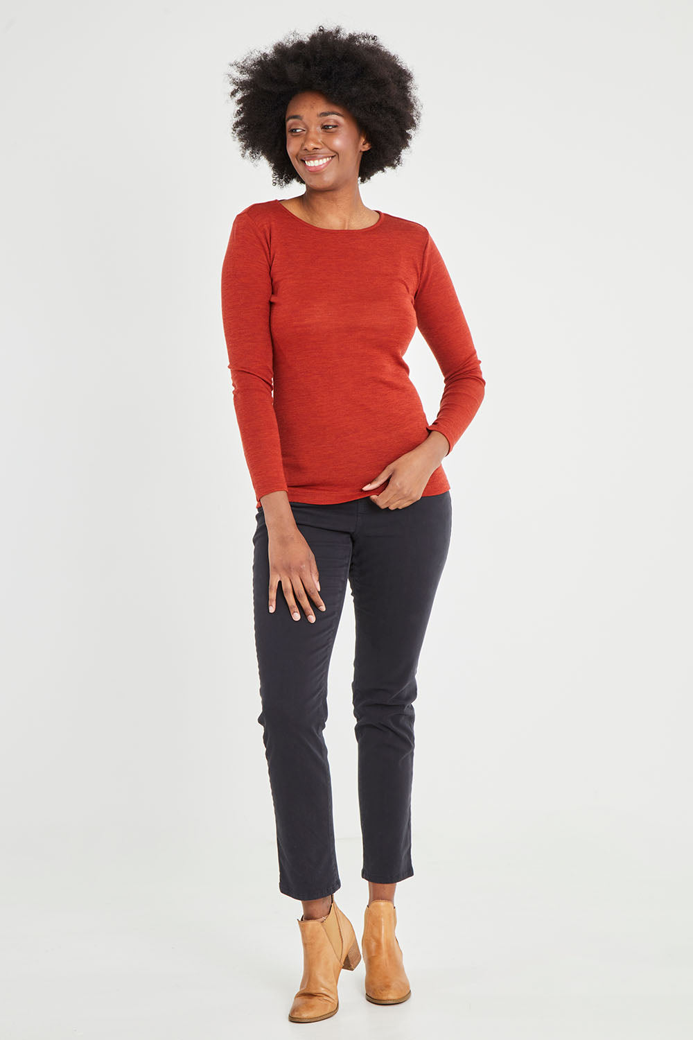 Model Aiyana wearing size 10 of the Holey Moleskin Trouser in colour Truenavy (Blue), from the front, showing the whole outfit
