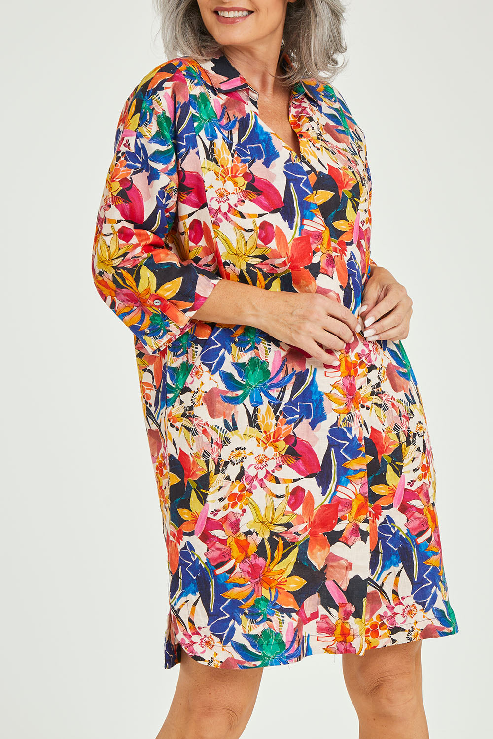 Model Luisa wearing size 10 of the Natural Abilities Linen Dress in colour Chelsea (Blue), from the front, cropped image