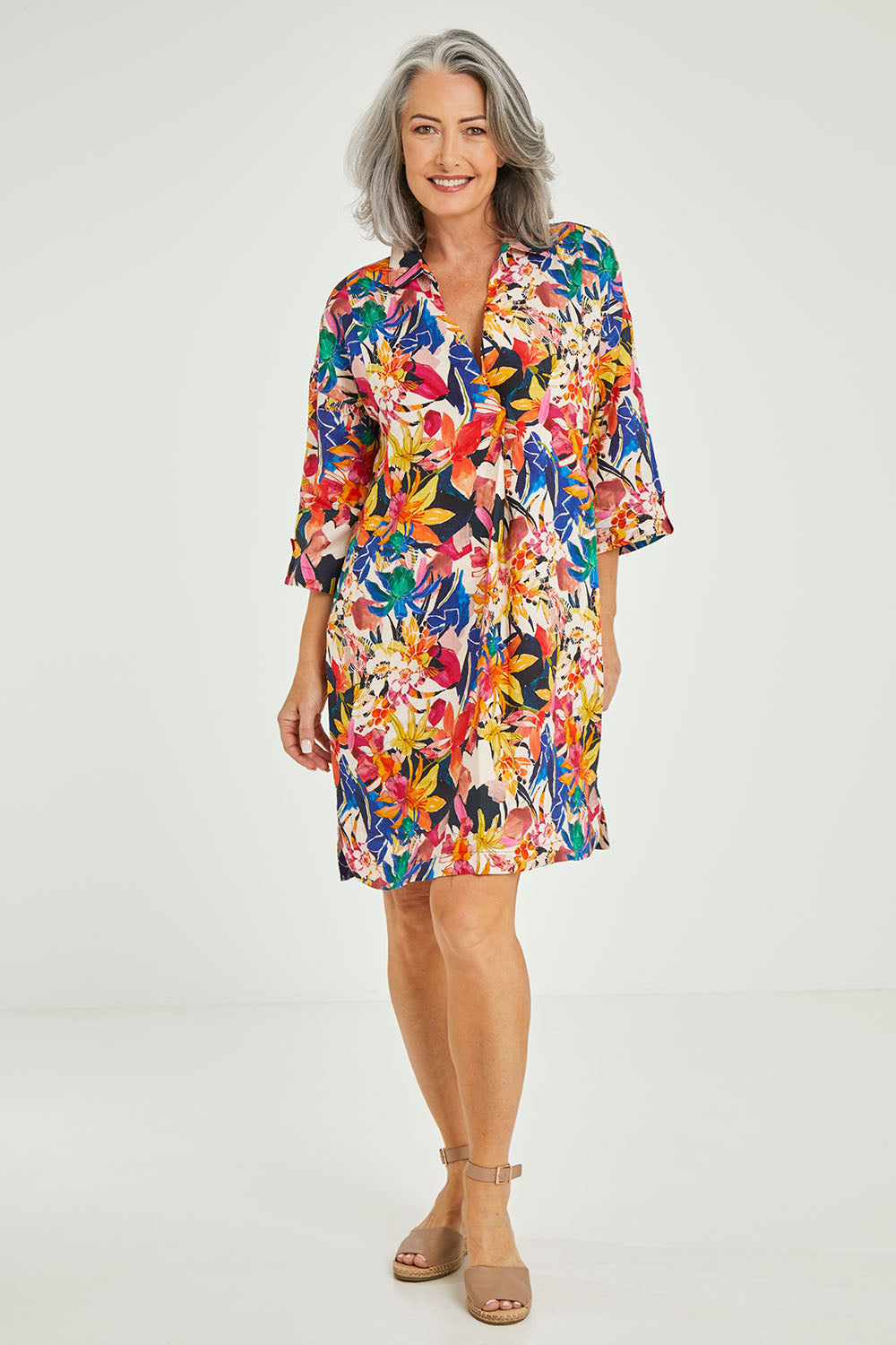 Model Luisa wearing size 10 of the Natural Abilities Linen Dress in colour Chelsea (Blue), from the front, showing the whole outfit