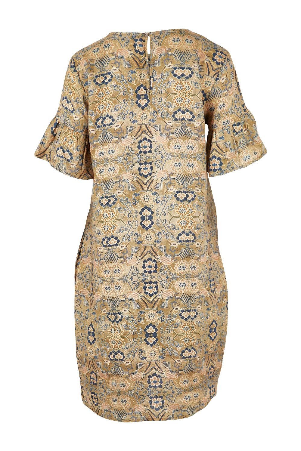 Product shot of the Truly Frilling Linen Dress in colour Ornate, from the back