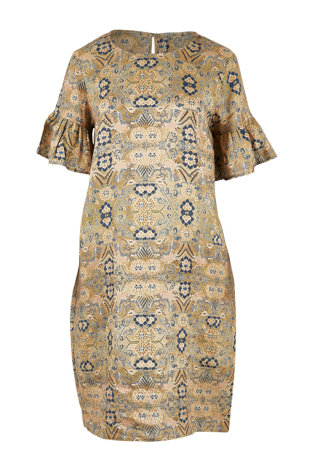 Product shot of the Truly Frilling Linen Dress in colour Ornate, from the front
