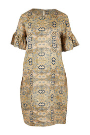 Product shot of the Truly Frilling Linen Dress in colour Ornate, from the front