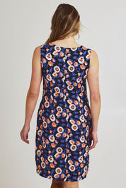 Model Olivia wearing size 10 of the Sunin colourSational Linen Dress - Decorbunch (Blue), from the back