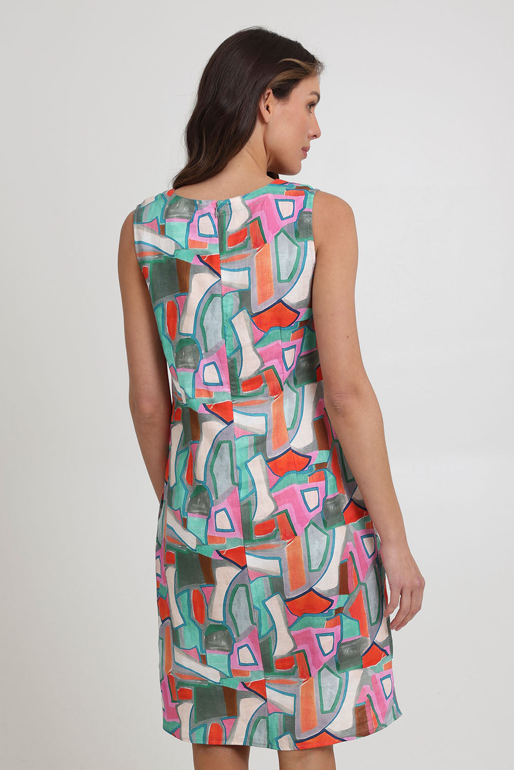 Model Madeline wearing size 10 of the Sunin colourSational Linen Dress - Fusion, from the back