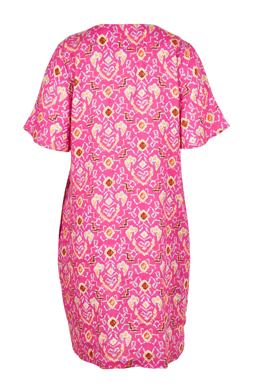 Product shot of the Runway Linen Dress in colour Miami (Pink), from the back