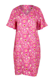 Product shot of the Runway Linen Dress in colour Miami (Pink), from the front