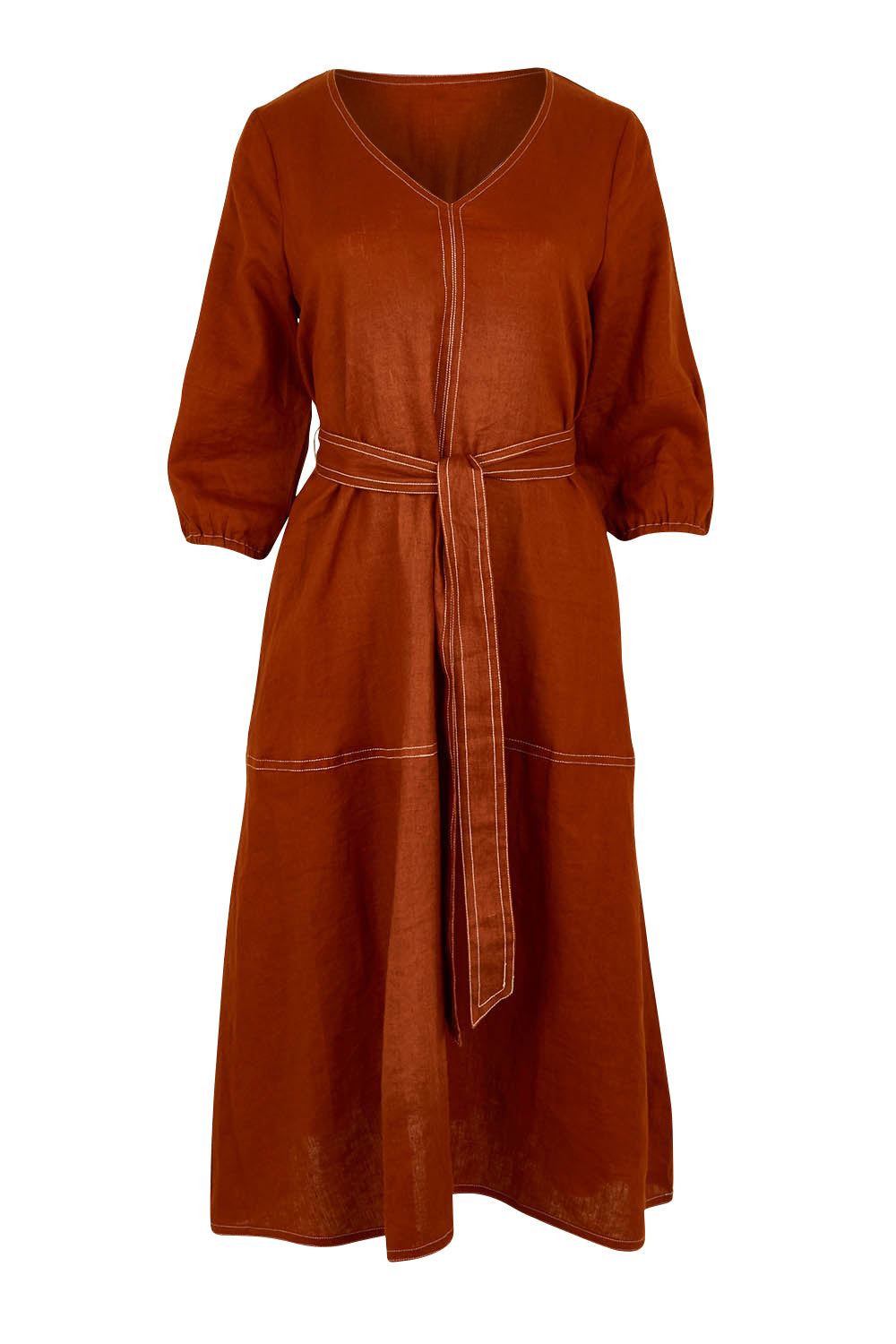 Product shot of the Stitch And Shout Linen Dress in colour Bombay, from the front