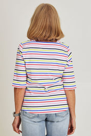 Model Sandy wearing size S of the Even Keel Cotton Top in colour Multistrip (Pink), from the back