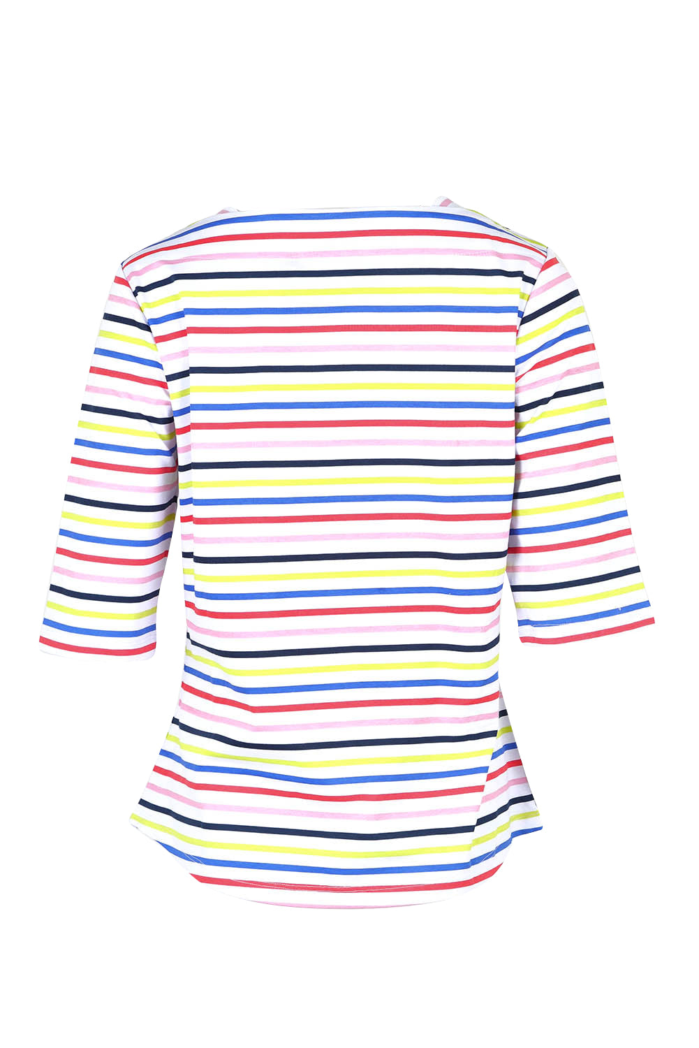 Product shot of the Even Keel Cotton Top in colour Multistrip (Pink), from the back