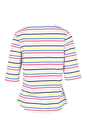 Product shot of the Even Keel Cotton Top in colour Multistrip (Pink), from the back