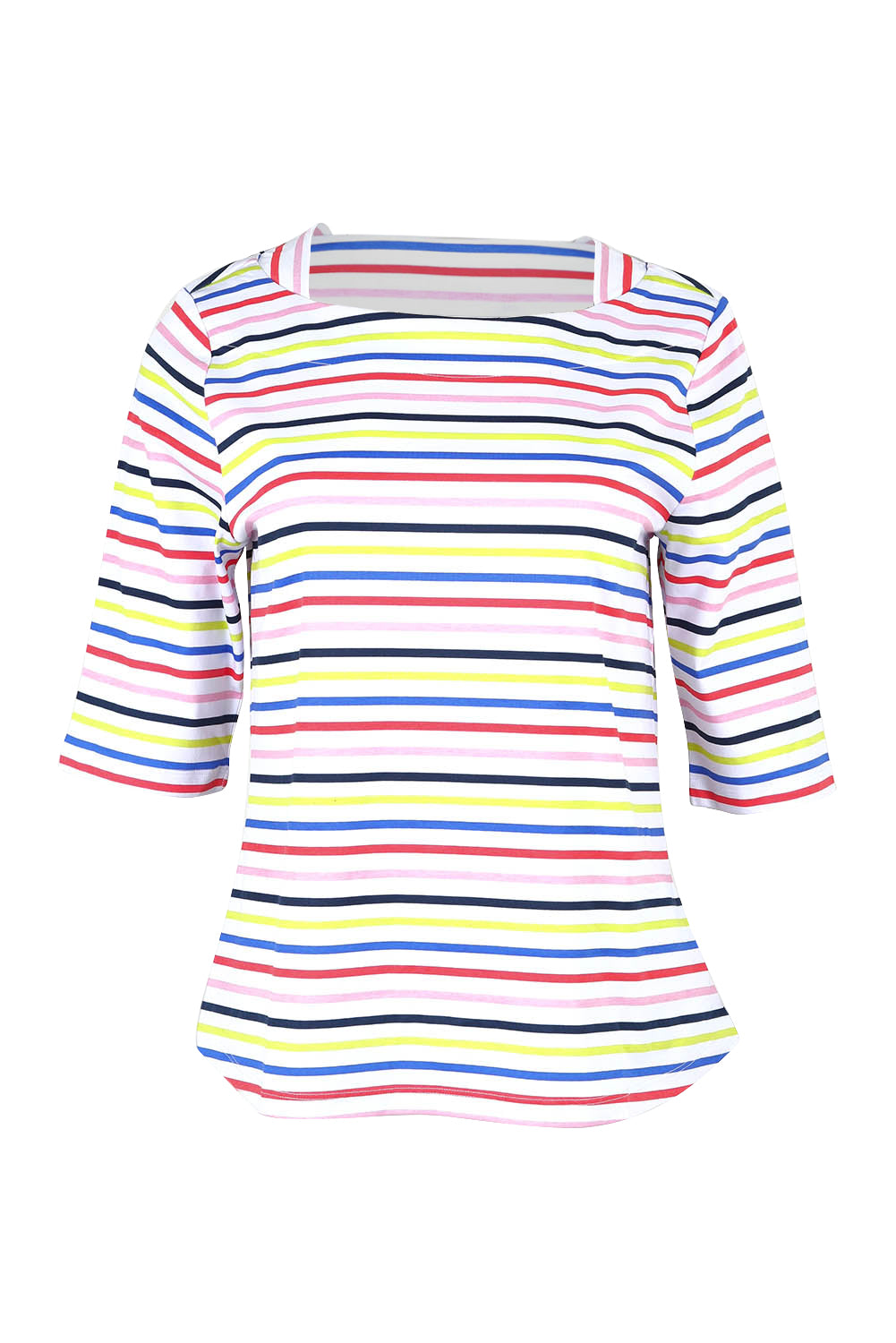 Product shot of the Even Keel Cotton Top in colour Multistrip (Pink), from the front