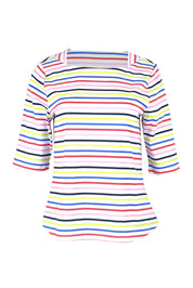 Product shot of the Even Keel Cotton Top in colour Multistrip (Pink), from the front
