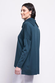 A model wearing the Merino Love Your Moves Sweater in colour Jeep (Green), from the back