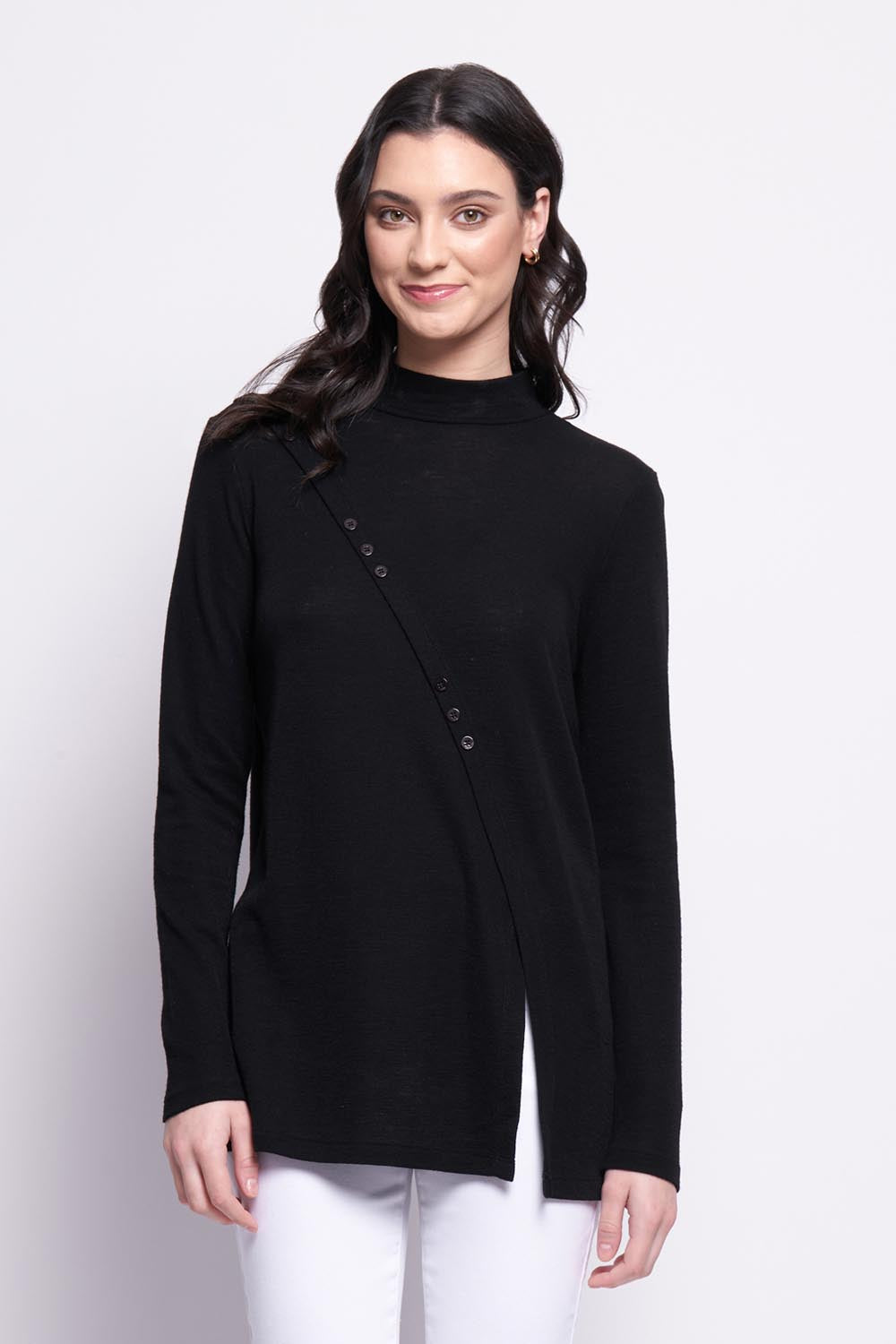 A model wearing the Merino Ewein colourNique Top - Black (Black), from the front, cropped image