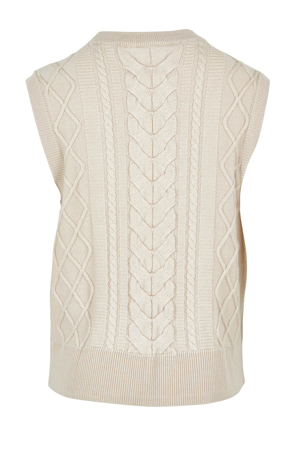 Product shot of the Merino Plot Twist Vest in colour Pearl, from the back