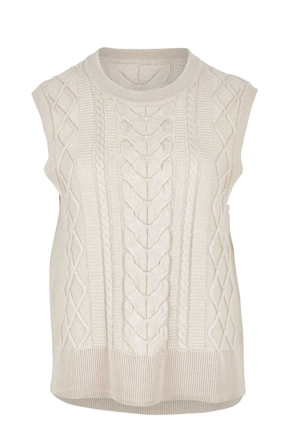 Product shot of the Merino Plot Twist Vest in colour Pearl, from the front