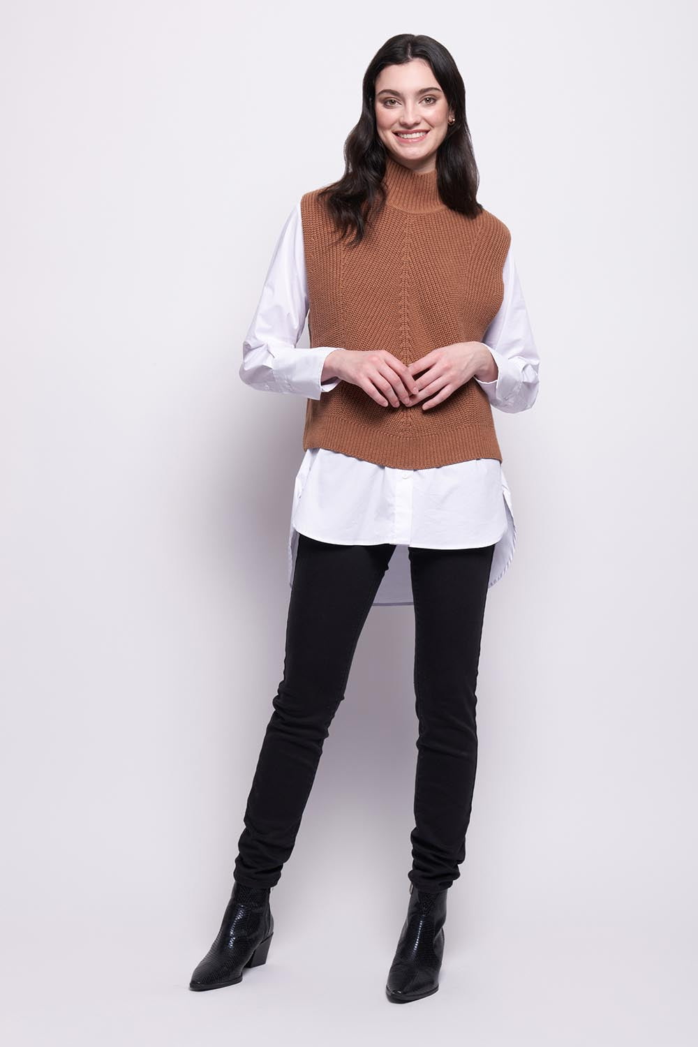 A model wearing the Cotton Cashmere Vest Ever Popover in colour Caramel, from the front, showing the whole outfit