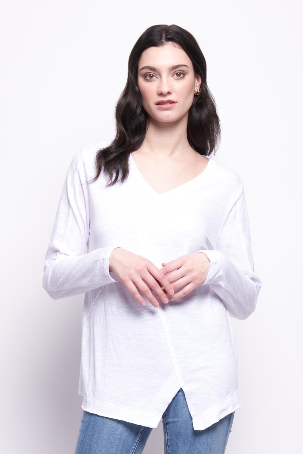 A model wearing the Deep Connection Cotton Top in colour White (White), from the front, cropped image