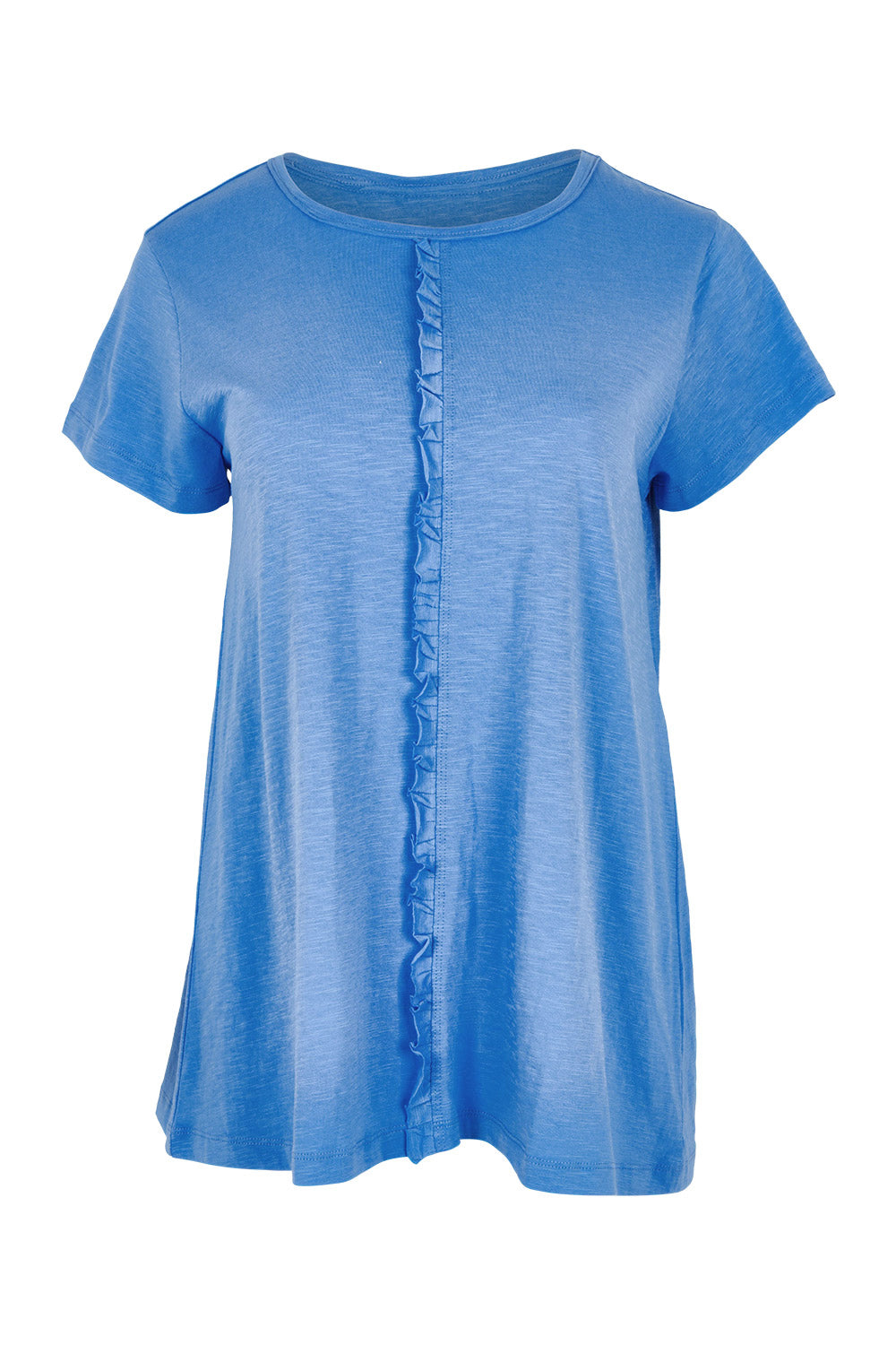 Product shot of the Frill Factor Cotton Tee in colour Regatta (Blue), from the front