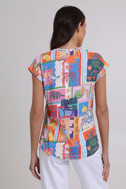 Model Madeline wearing size S of the Role Model Cotton Tee in colour Sundowner, from the back