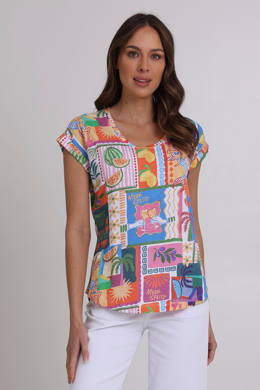 Model Madeline wearing size S of the Role Model Cotton Tee in colour Sundowner, from the front, cropped image