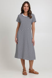 Model Madeline wearing size S of the Stitch Together Cotton Dress in colour Ministripe (Black), from the front, showing the whole outfit