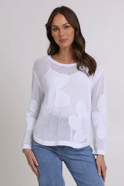 Model Madeline wearing size S of the Make My Daisy Cotton Sweater in colour White (White), from the front, cropped image