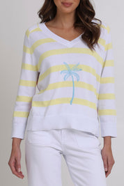 Model Madeline wearing size S of the Coconuts About You Cotton Sweater in colour Sherbetstr (White), from the front, cropped image