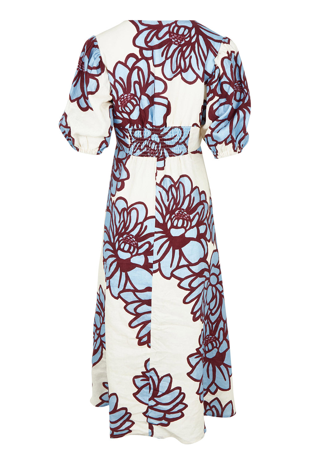 Product shot of the Empirein colourLy Yours Linen Dress - Bloom (Blue), from the back