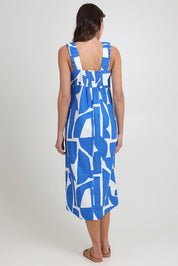Model Madeline wearing size 10 of the Sunseeker Linen Cotton Dress in colour Reflection (Blue), from the back
