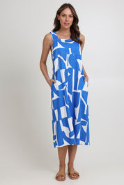 Model Madeline wearing size 10 of the Sunseeker Linen Cotton Dress in colour Reflection (Blue), from the front, showing the whole outfit