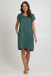 Model Madeline wearing size 10 of the Festival Linen Dress in colour Thyme (Green), from the front, showing the whole outfit